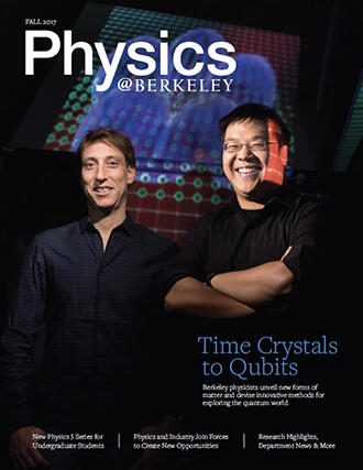 Photo of Professors Ehud Altman and Norman Yao in front of a science image background