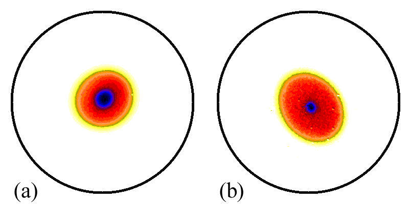 Figure 6. bq/Bo=0.004 cm-1. (a) e=1.09, q=53.5°, Bo=32.43G. The plasma is rotating quickly. (b) e=1.26, q=-37.5°, Bo=500G. The plasma is rotating slowly. These images are from the data in Figure 7. 