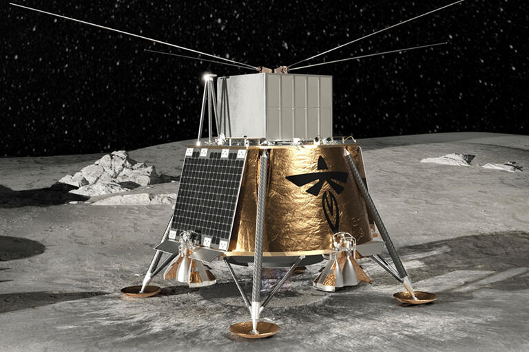 Image of a lunar lander with different components, on the moon