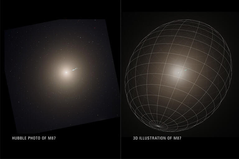 Image of a galaxy with a wire grid shape over it illustrating the M87 galaxy